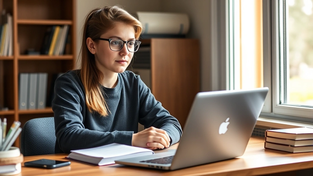 Student sitting at desk with laptop and textbook, looking focused and calm while studying, natural lighting from window
