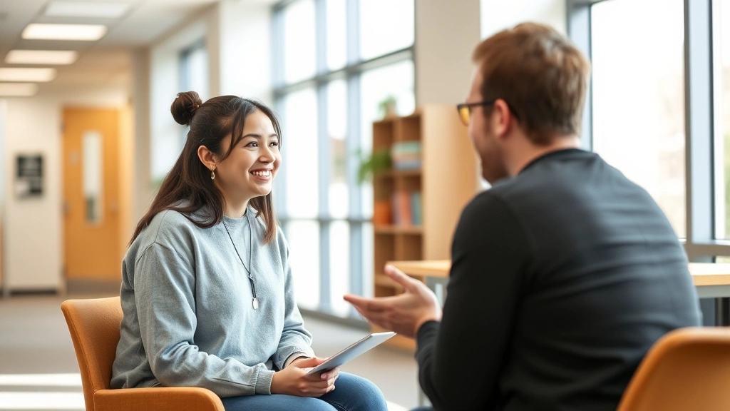 Young adult having a supportive conversation with academic counselor in bright campus office with accessibility features visi
