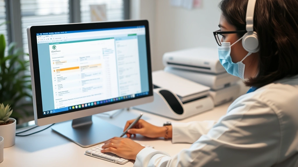 Healthcare provider at computer writing medical documentation, professional medical office setting, computer screen visible