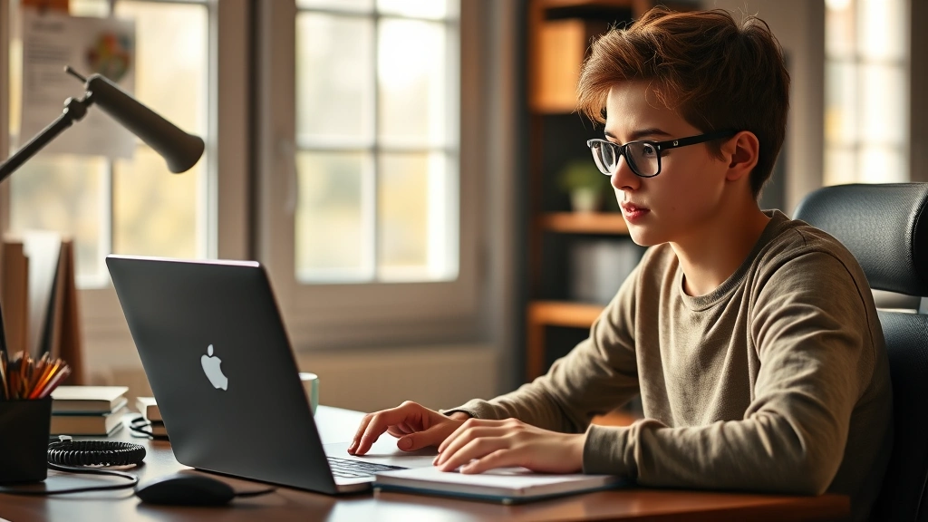 Student studying at desk with laptop and notes, warm natural lighting, focused expression, disability-inclusive workspace wit