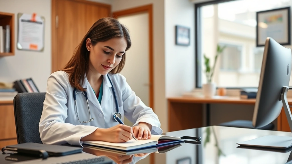 Healthcare provider writing medical notes at desk, professional office setting, stethoscope visible, warm welcoming clinic en