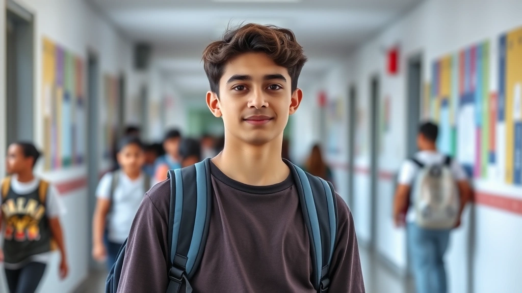Young adult in school hallway with backpack, confident posture, natural lighting, diverse school setting with other students