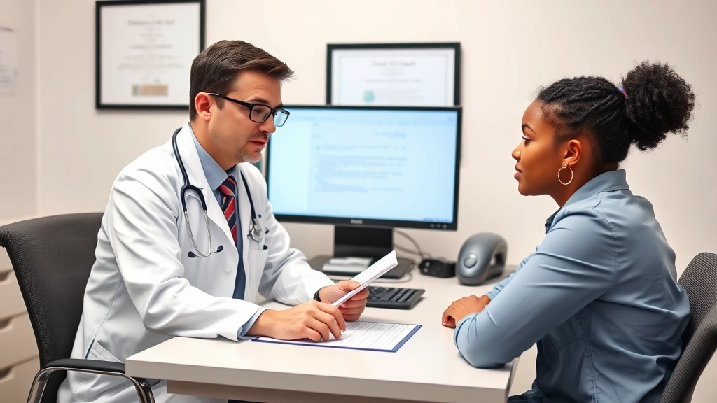 Healthcare provider reviewing medical records on computer while student sits across desk, professional office setting with di