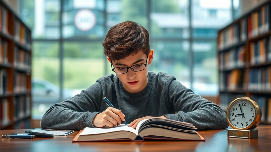 Student studying at library table with extended time during exam, quiet testing environment, focused on test materials with c