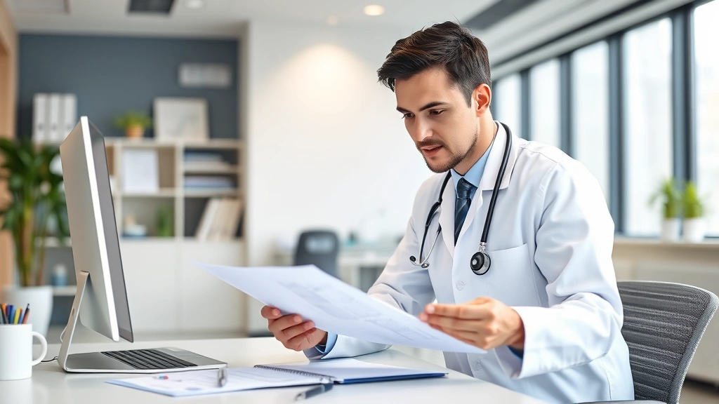 Healthcare provider in white coat reviewing medical charts at desk in modern clinic office
