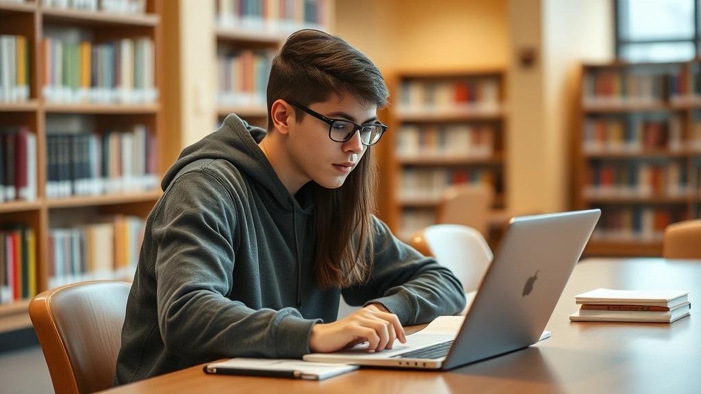Student sitting at library table with laptop and notes, looking focused and engaged in studying