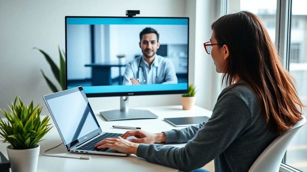 Student sitting at desk with laptop during video consultation with doctor on screen, bright natural lighting, modern home off