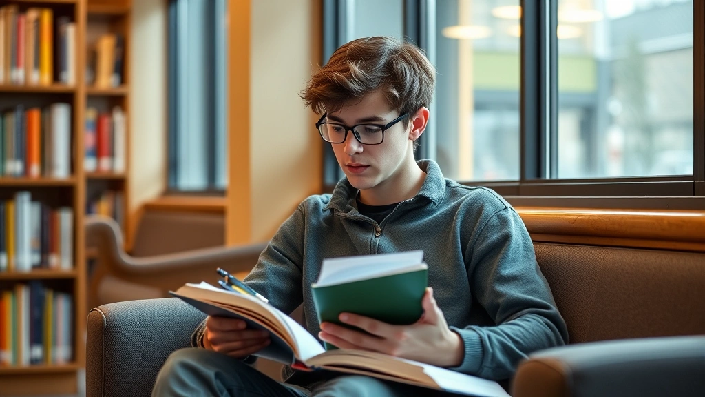 Young adult student in library studying with textbook and notes, focused expression, accessible seating near window