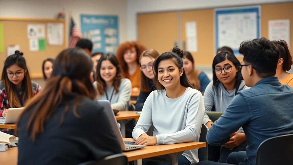 Diverse group of college students in accessible classroom with various accommodation tools, inclusive learning environment