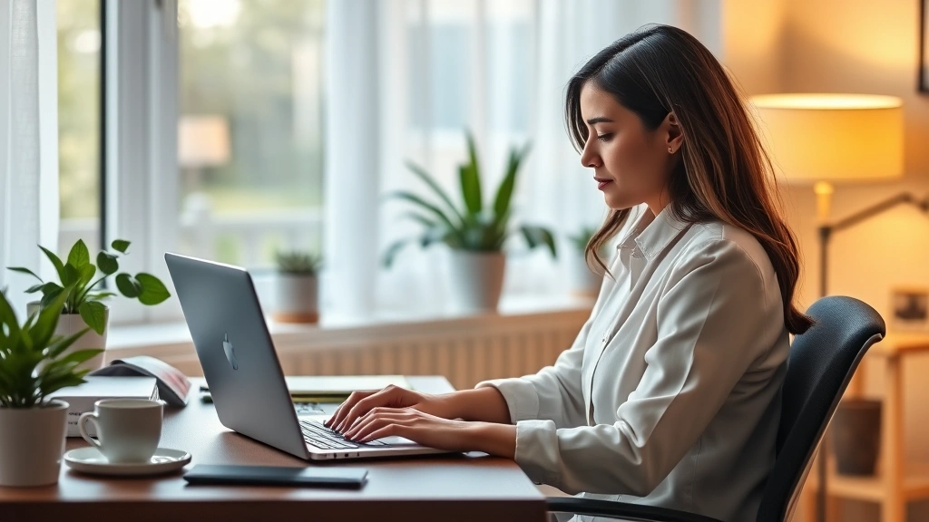 Calm professional woman working at home desk with laptop and warm lighting, peaceful home office environment with plants and