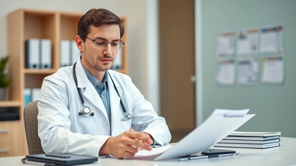 Diverse healthcare provider in white coat reviewing documents at desk with stethoscope, focused and professional, clinical se