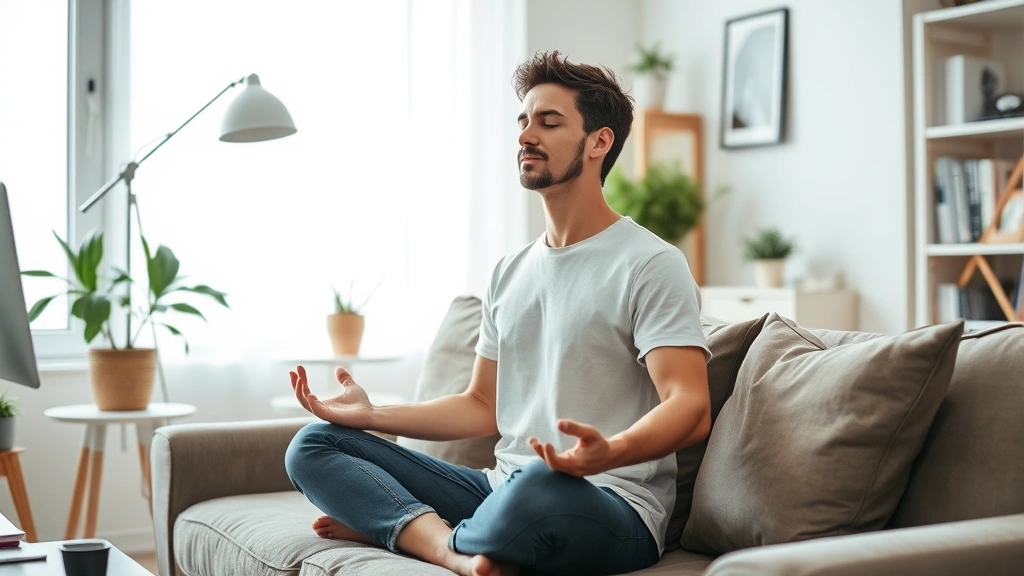 Person meditating peacefully on comfortable couch in bright home office, stress-free workspace with soft furnishings and calm