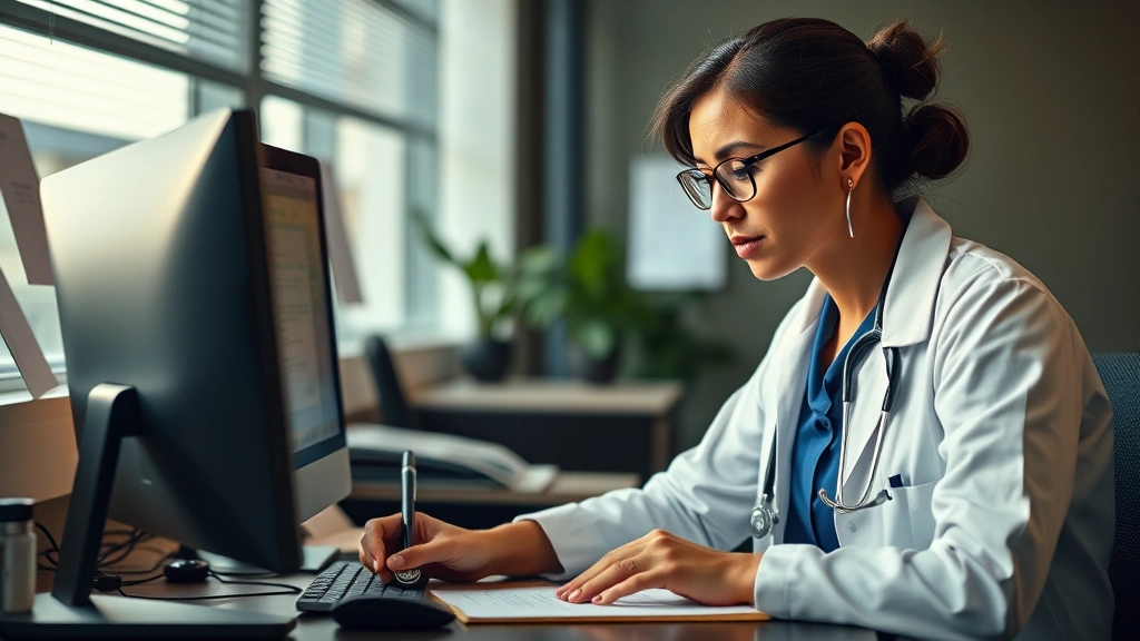 Healthcare professional writing medical documentation at desk with computer, professional office setting, warm lighting, focu