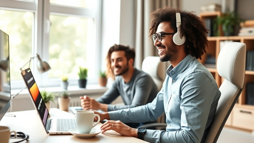 Diverse employee working comfortably at home office with ergonomic setup, natural window light, coffee cup, relaxed professio