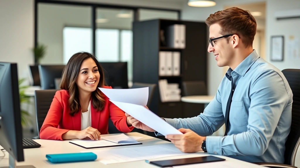 HR manager and employee in respectful conversation across desk, reviewing documents together, professional office, positive b