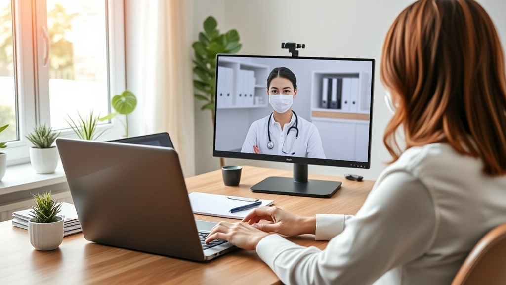 Professional woman with laptop at home office desk during video call with doctor on screen, natural lighting, healthcare well