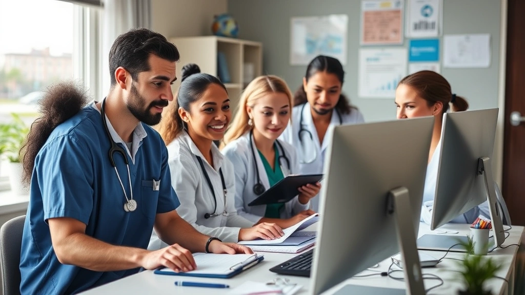 Diverse group of healthcare workers in clinic setting reviewing medical documentation at desk with computer, supportive envir