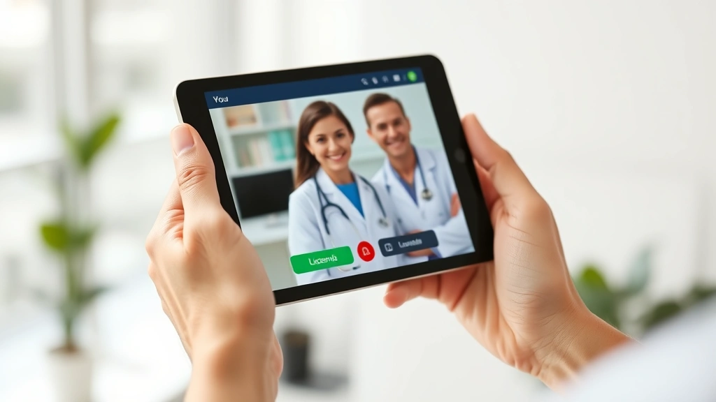 Close up of hands holding tablet showing telemedicine appointment interface with licensed physician, modern healthcare techno