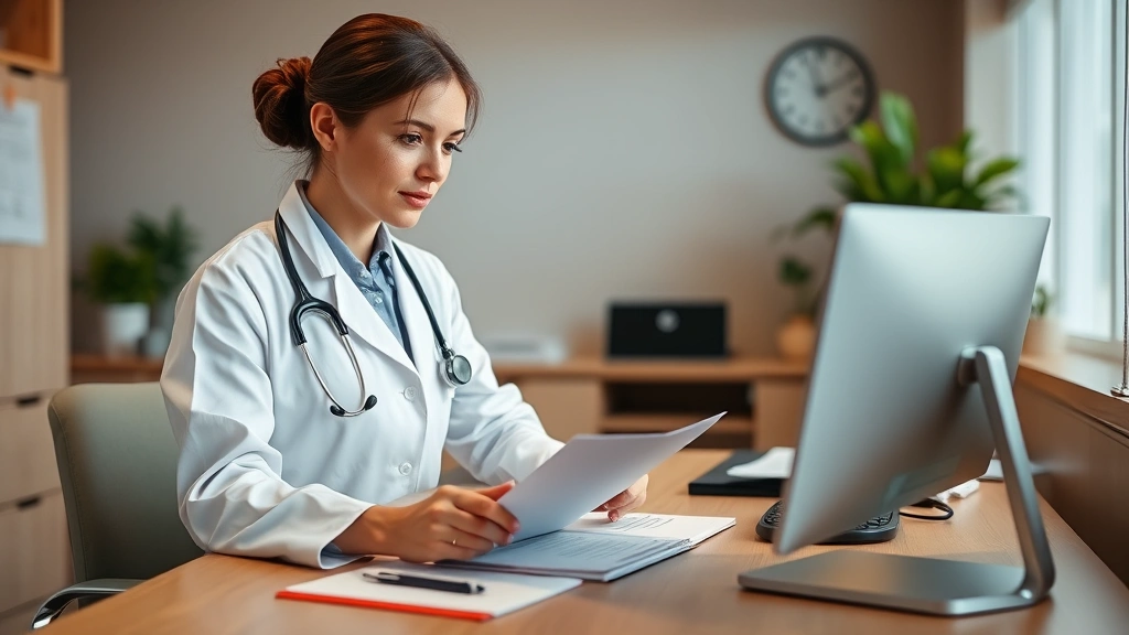 Professional healthcare provider in white coat reviewing medical documents at desk with stethoscope and computer, warm clinic