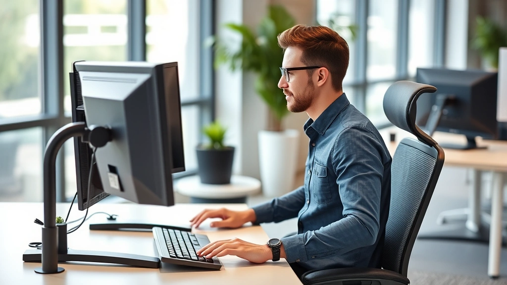 Diverse employee working at ergonomic desk setup with monitor riser keyboard and wrist support in modern office with natural