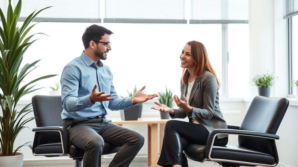 HR professional and employee having collaborative discussion in private office with open body language and professional setti