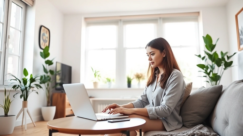 Professional woman working on laptop in bright apartment living room with plants and natural light