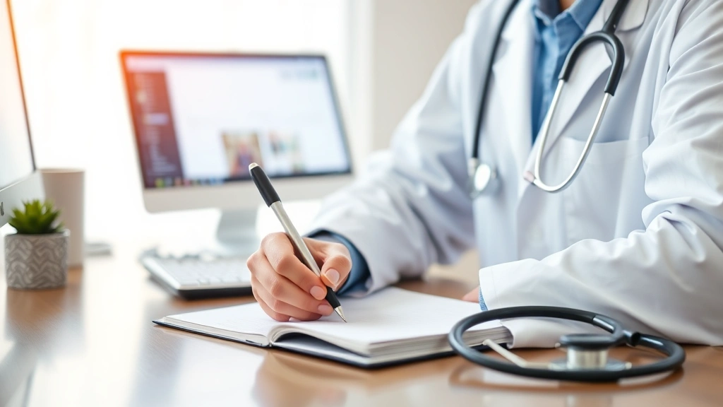 Healthcare provider writing medical notes at desk with stethoscope and computer visible