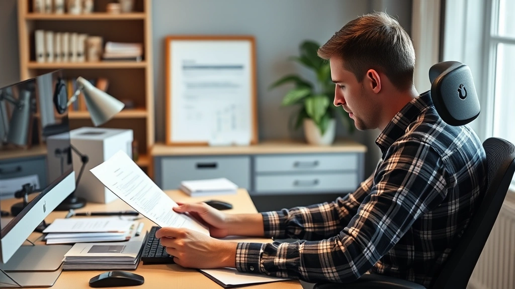 Man reviewing accommodation letter at home office desk with ergonomic setup and documents