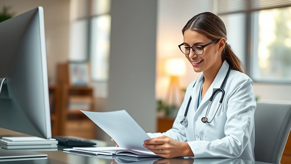 Professional healthcare provider in white coat reviewing medical documents at desk with stethoscope, warm office lighting, co