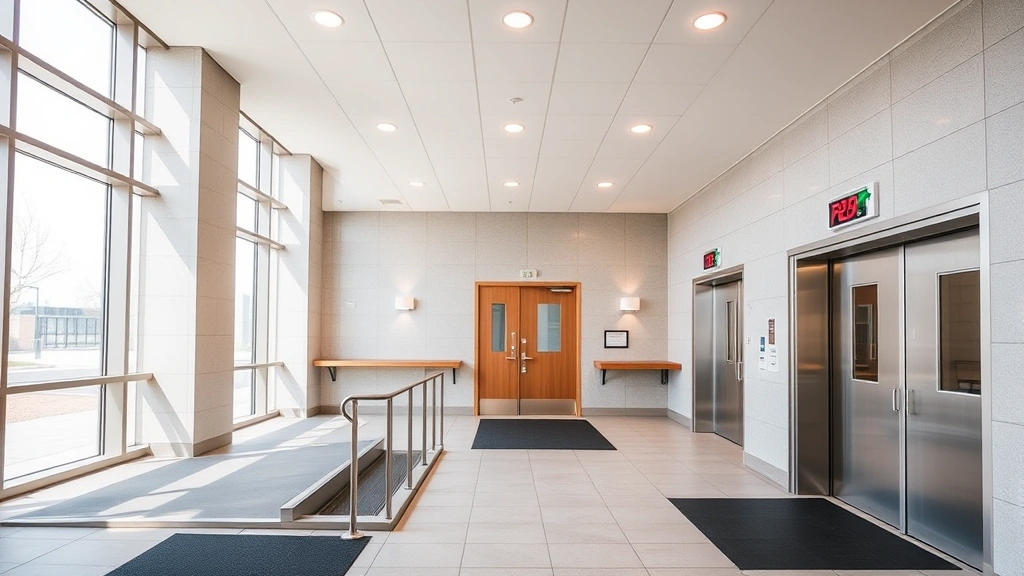 Accessible courthouse interior with ramp, elevator, and modern accessibility features, natural daylight through windows, welc