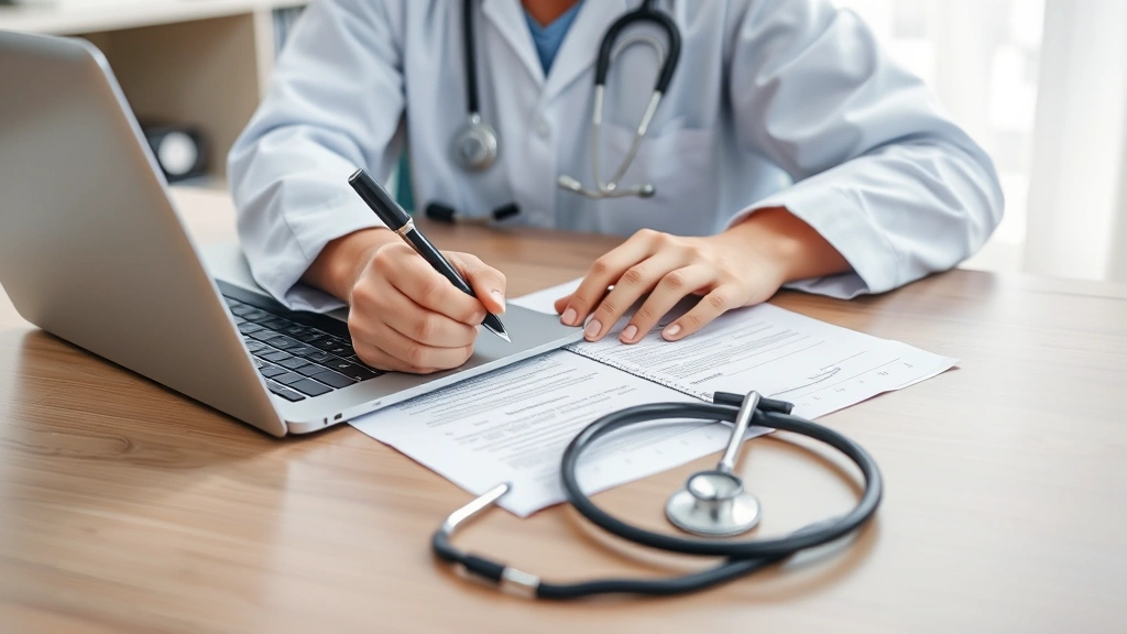 Healthcare provider writing medical documentation at desk with laptop and stethoscope nearby