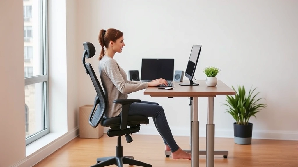 Professional woman working at ergonomic desk setup with adjustable chair and standing desk converter