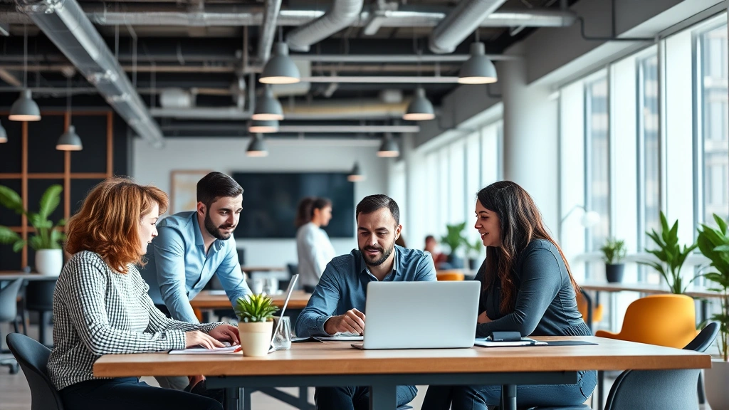 Diverse group of employees collaborating in modern office with flexible work environment and accessible spaces