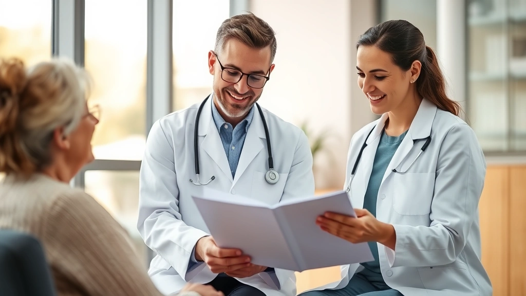 Professional healthcare provider in white coat reviewing medical documents with patient in modern clinic office, warm lightin