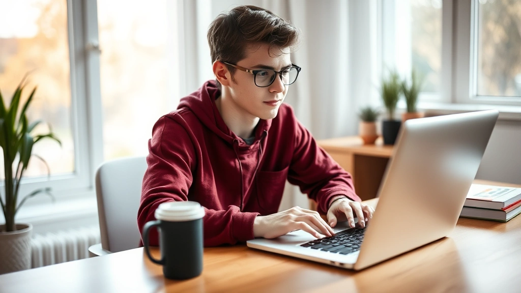 Young student at laptop working from home with coffee cup on desk, natural window light, comfortable home office environment,