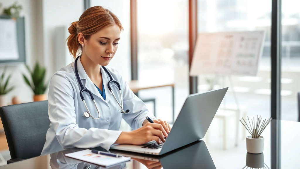 Professional female healthcare provider writing medical documentation at desk with laptop and patient chart visible in modern