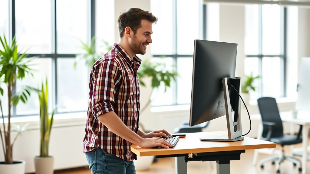 Male employee at ergonomic standing desk with monitor and keyboard in bright office workspace with natural light from windows