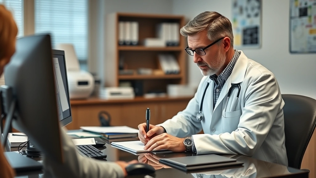 Experienced male doctor in white coat writing detailed notes at desk with medical files and computer during patient consultat