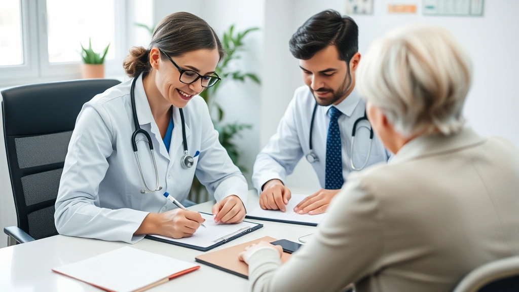Healthcare provider writing medical notes at desk during patient consultation