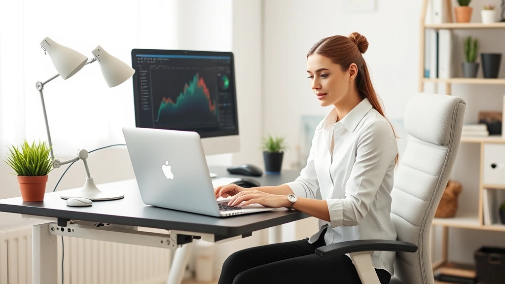Professional woman at laptop working from home office with ergonomic desk setup and comfortable seating