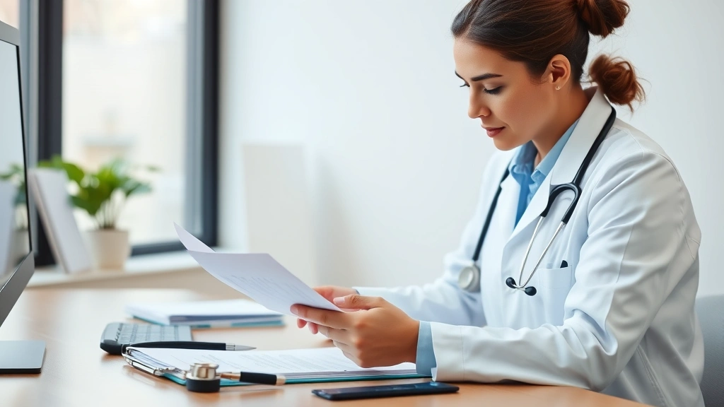 Professional healthcare provider in white coat reviewing medical documents at desk with stethoscope