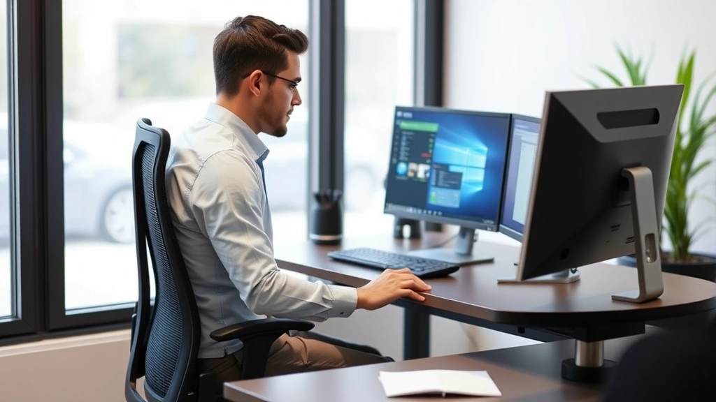 Employee at ergonomic workstation with proper posture sitting at adjustable desk with monitor