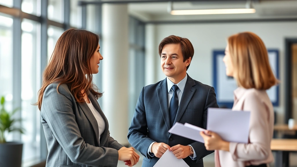 Person in business attire having supportive conversation with HR representative in modern office setting
