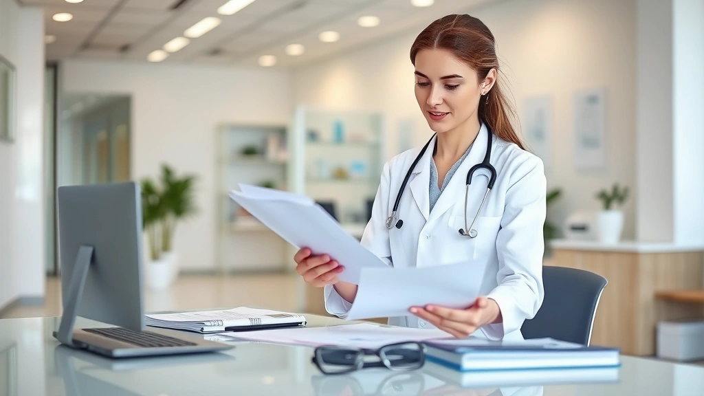 Professional female doctor in white coat reviewing medical documents at desk in modern clinic office