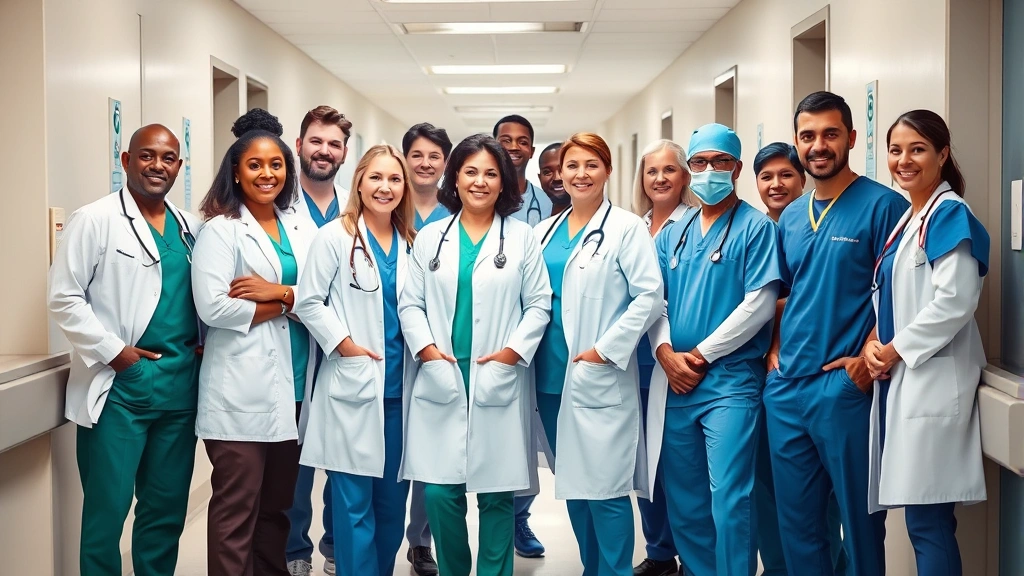 Diverse group of healthcare professionals standing together in hospital hallway wearing scrubs and white coats