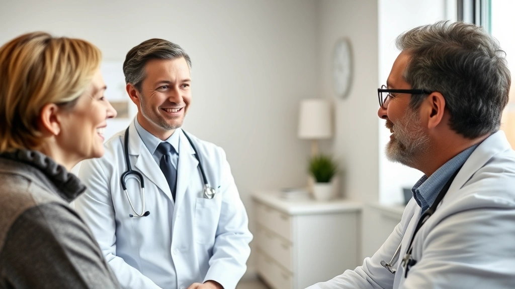 Patient speaking with caring male physician during consultation in bright medical office examining room