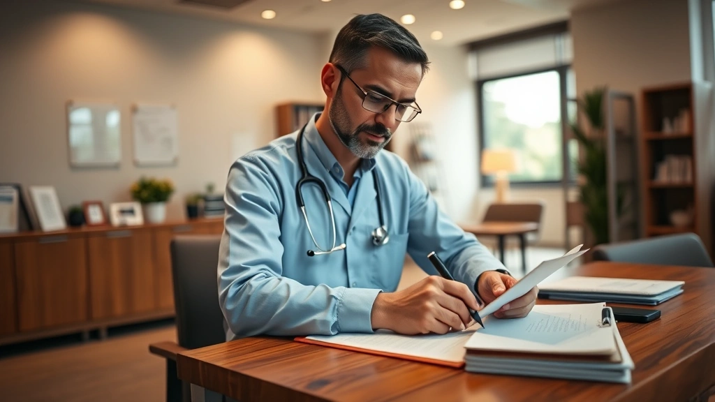 Professional healthcare provider writing detailed medical notes at wooden desk in modern clinic office with warm lighting