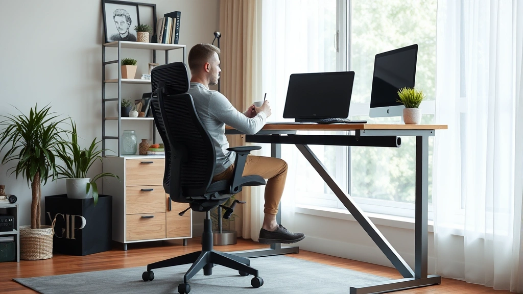 Person working comfortably at home office setup with ergonomic chair and adjustable standing desk near large window