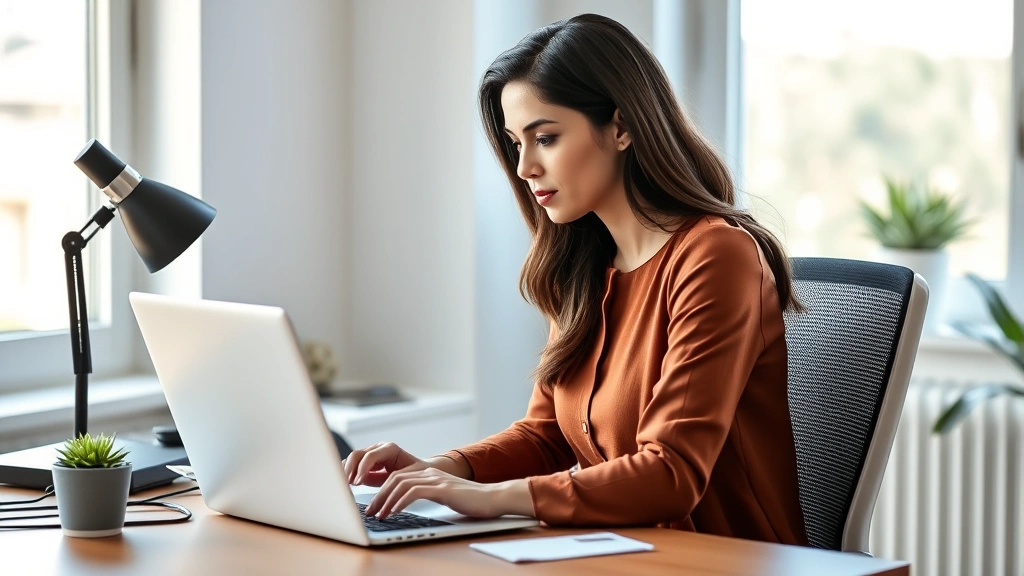 Professional woman at home office desk working on laptop with ergonomic setup, natural lighting from window, calm focused exp