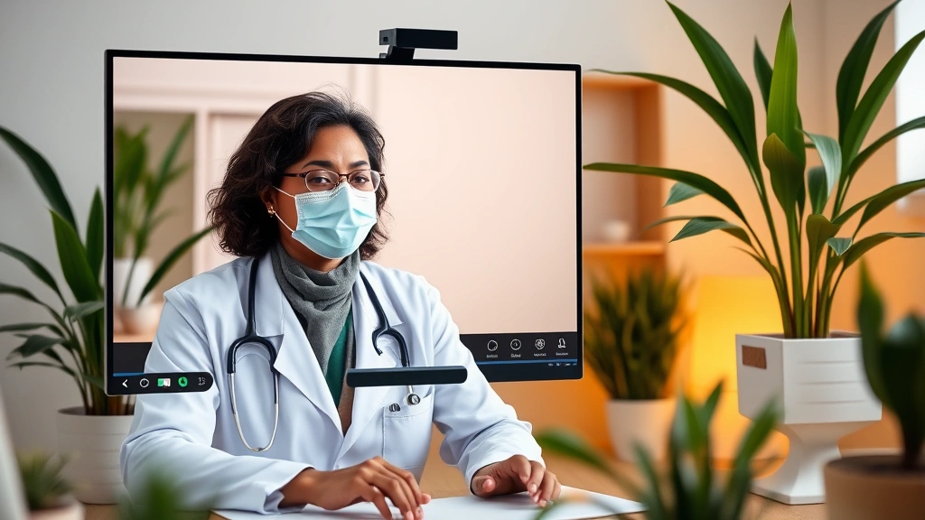 Diverse healthcare provider in white coat during virtual video consultation on computer screen, warm clinical setting with pl